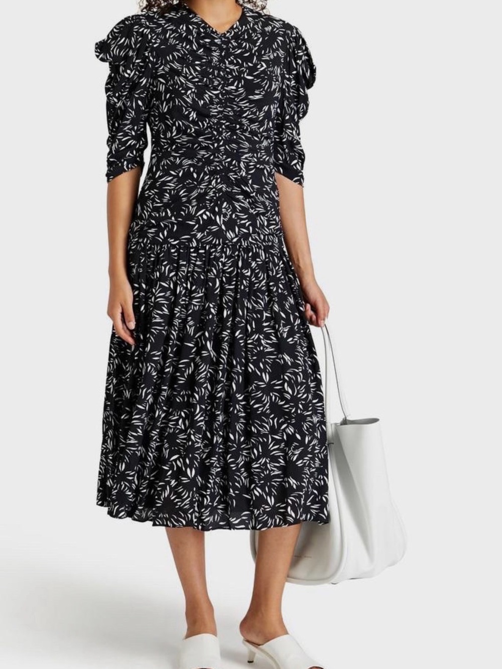 Proenza Schouler Black & White print Midi Dress with Puff Sleeves